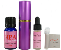 The Beginner Special for Women, including a cobalt blue euro dropper bottle with a pink label that reads "NPA for Women, External Use Only, 10 ML," a purple atomizer with a gold band below the cap, a clear eyedropper bottle with a light pink label that re