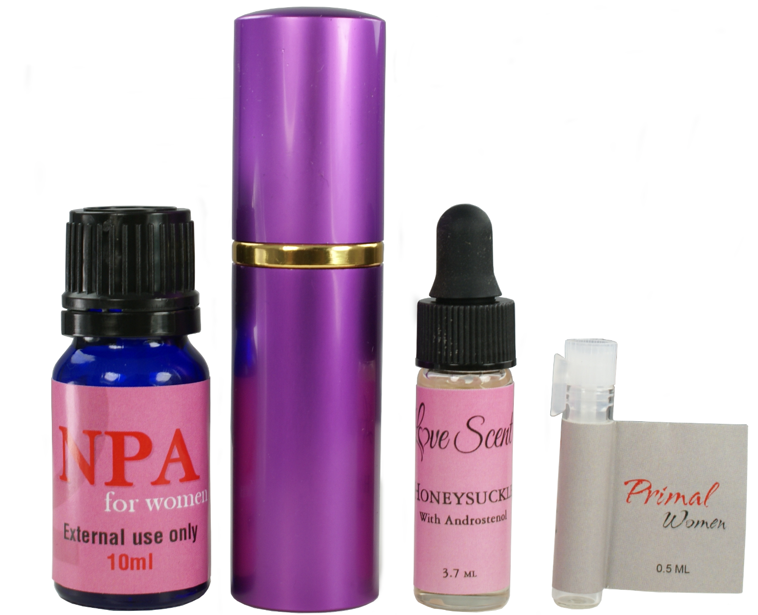 The Beginner Special for Women, including a cobalt blue euro dropper bottle with a pink label that reads "NPA for Women, External Use Only, 10 ML," a purple atomizer with a gold band below the cap, a clear eyedropper bottle with a light pink label that re